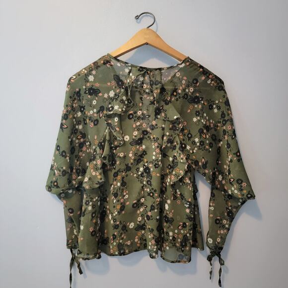 Nordstrom Topshop Floral Sheer Green Ruffle Top Blouse Size 4 Small - Picture 4 of 7